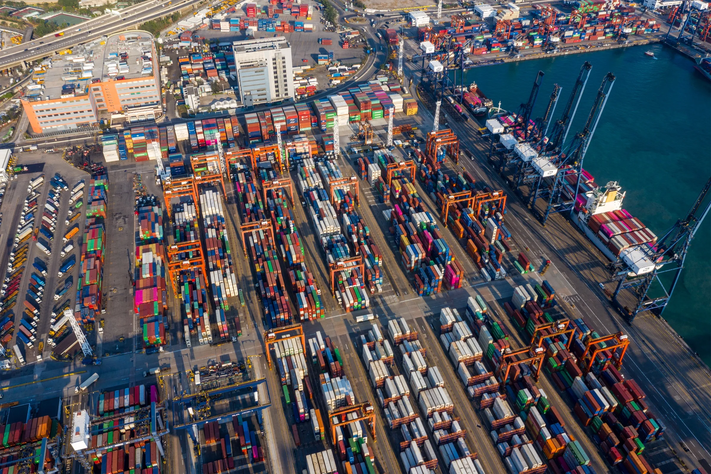 Container yard at a busy terminal, aerial view