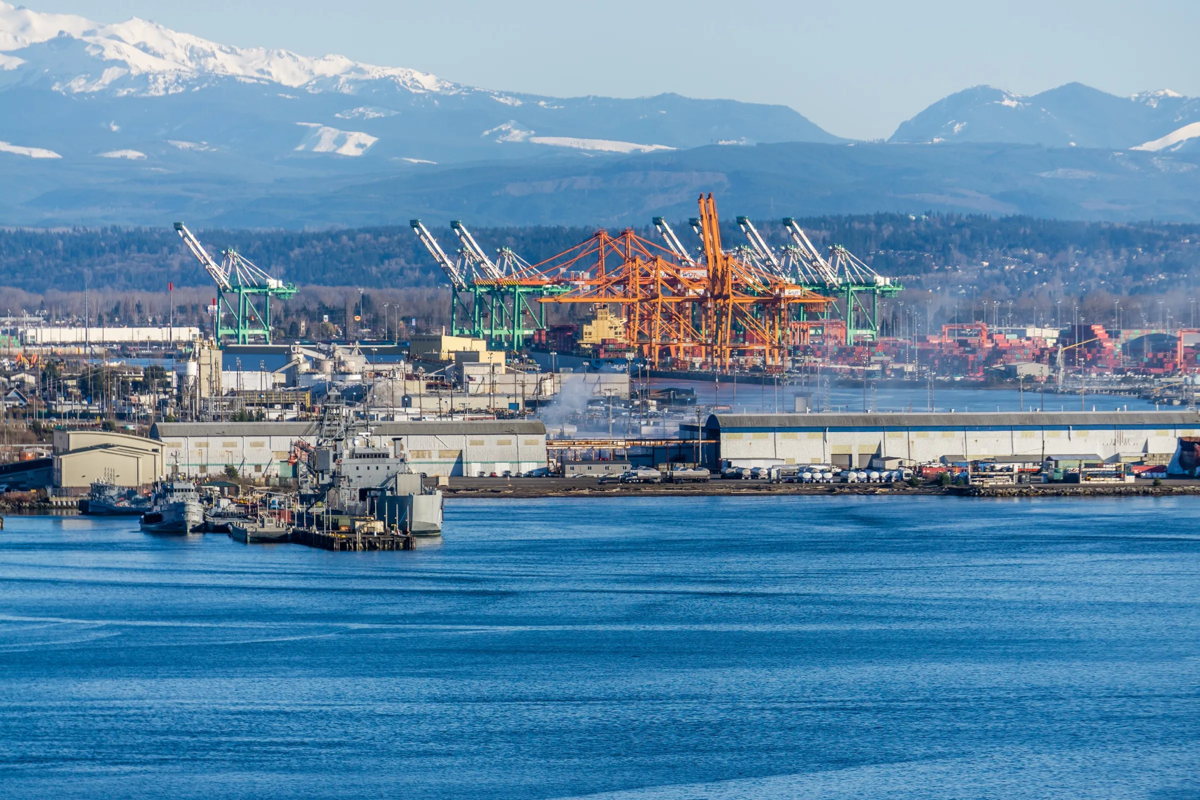 Port with gantry cranes and mountains behind